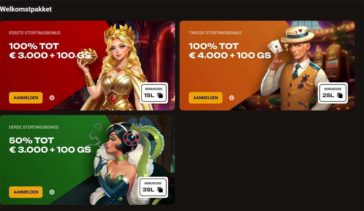 SlotLair “Welkomstpakket” section with three bonus cards: first deposit 100% up to €3,000 + 100 free spins (code 1SL), second deposit 100% up to €4,000 + 100 free spins (code 2SL), and third deposit 50% up to €3,000 + 100 free spins (code 3SL), each with an “Aanmelden” button and illustrated characters.
