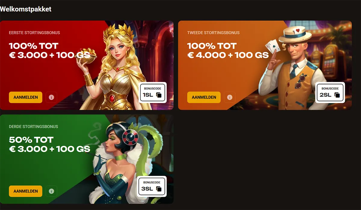 SlotLair “Welkomstpakket” section with three bonus cards: first deposit 100% up to €3,000 + 100 free spins (code 1SL), second deposit 100% up to €4,000 + 100 free spins (code 2SL), and third deposit 50% up to €3,000 + 100 free spins (code 3SL), each with an “Aanmelden” button and illustrated characters.