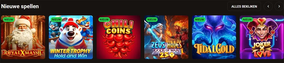 “Nieuwe spellen” (new games) carousel showing six slot thumbnails with “NIEUW” tags: Royal Xmass II, Winter Trophy Hold and Win, Chili Coins, Zeus vs Hades: Gods of War, Tidal Gold, and Joker Love, with an “Alles bekijken” button.