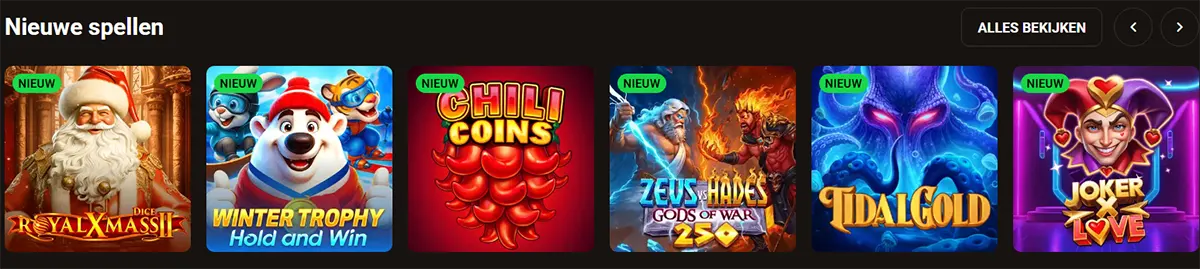 “Nieuwe spellen” (new games) carousel showing six slot thumbnails with “NIEUW” tags: Royal Xmass II, Winter Trophy Hold and Win, Chili Coins, Zeus vs Hades: Gods of War, Tidal Gold, and Joker Love, with an “Alles bekijken” button.